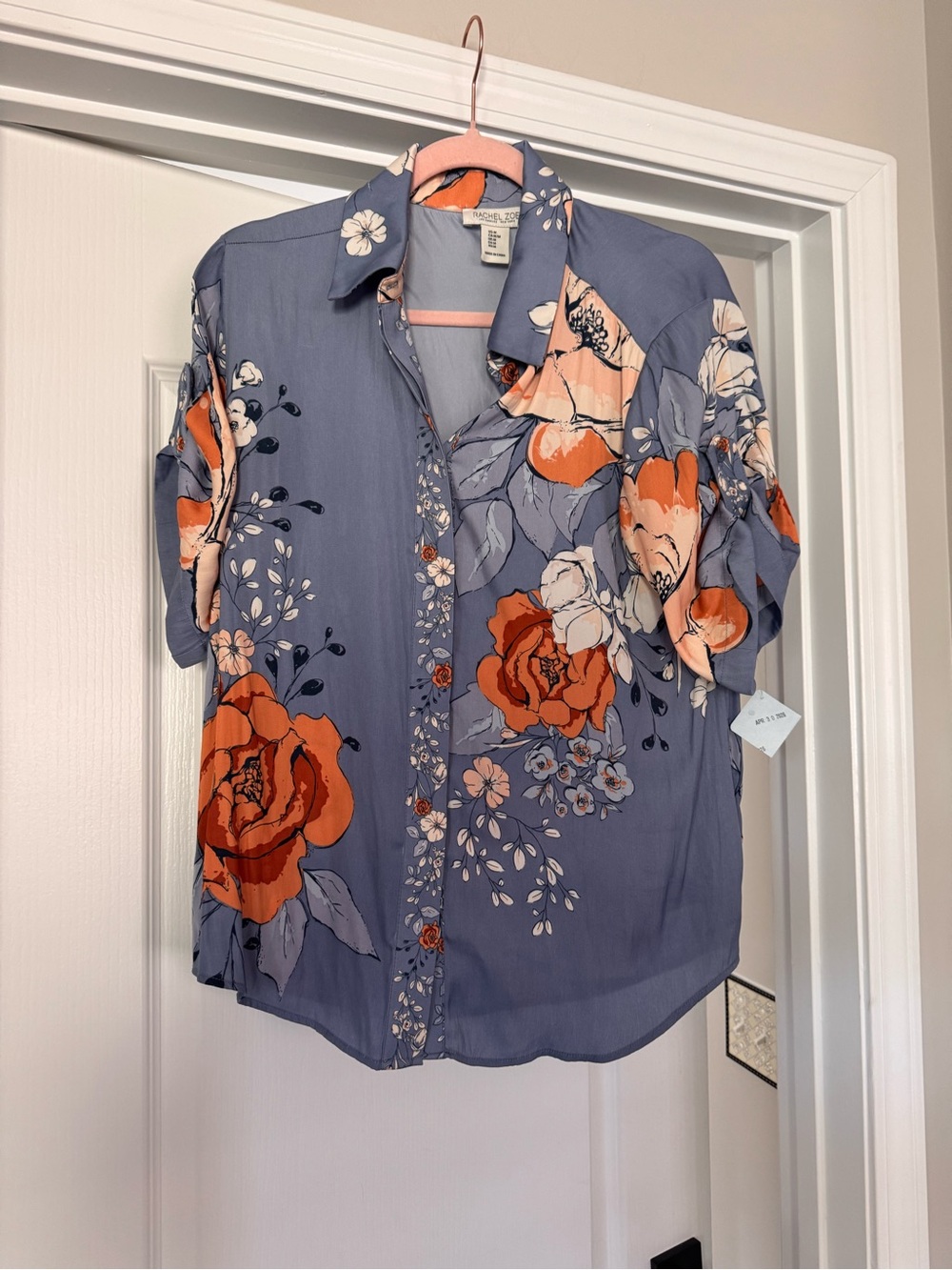Rachel Zoe Blue Floral Short-Sleeve Button-Up with Orange Accents